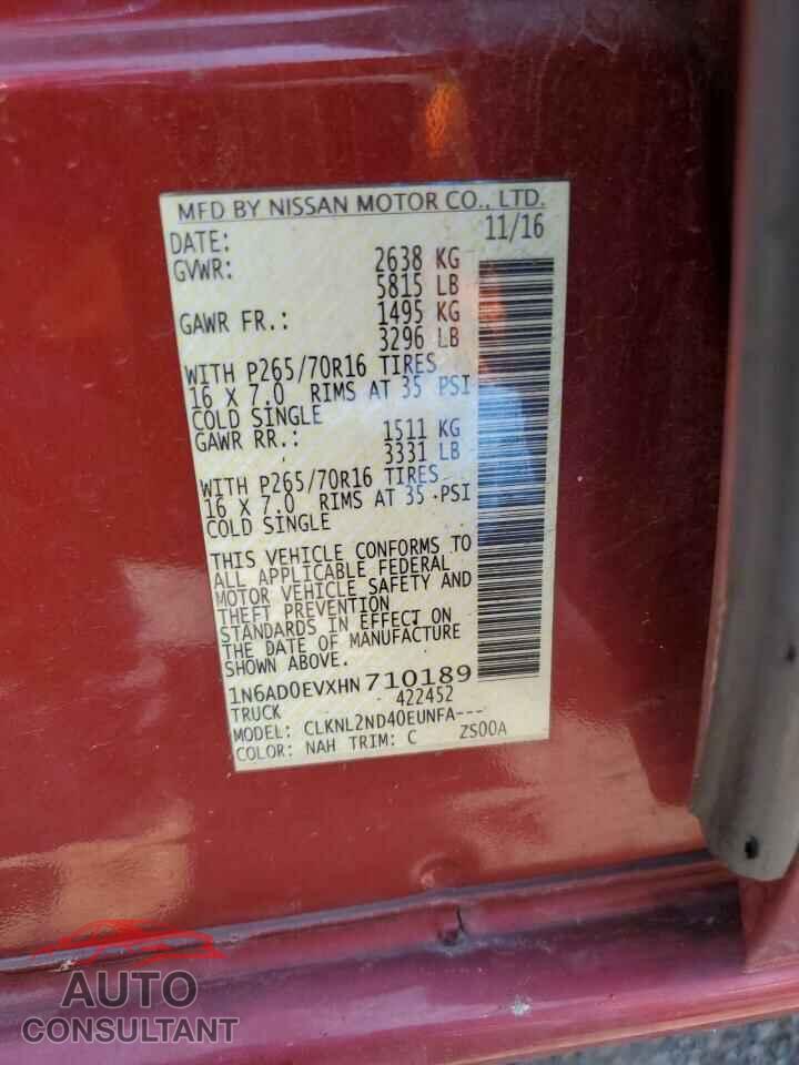 NISSAN FRONTIER 2017 - 1N6AD0EVXHN710189