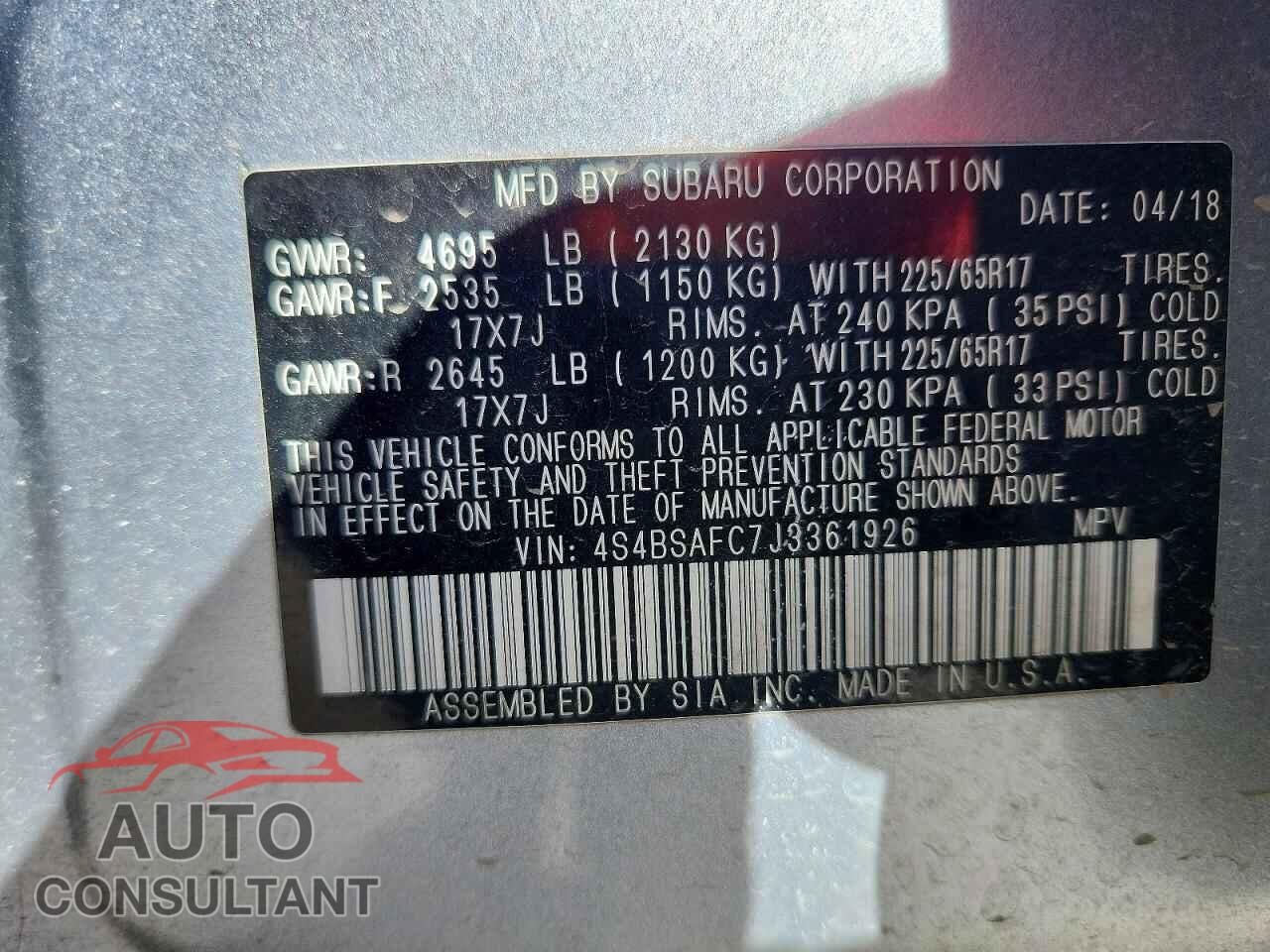 SUBARU OUTBACK 2018 - 4S4BSAFC7J3361926