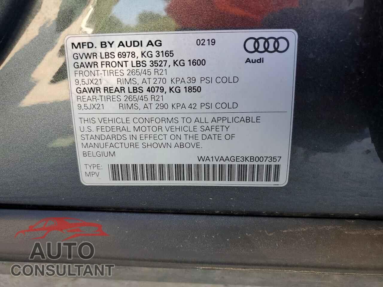 AUDI E-TRON 2019 - WA1VAAGE3KB007357