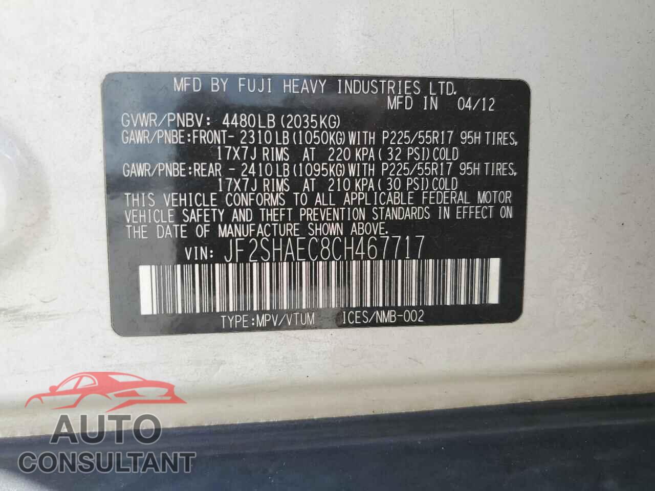 SUBARU FORESTER 2012 - JF2SHAEC8CH467717