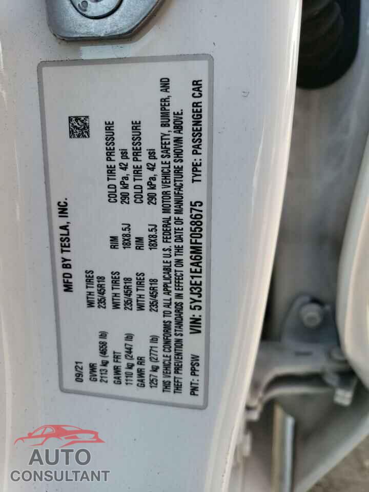 TESLA MODEL 3 2021 - 5YJ3E1EA6MF058675