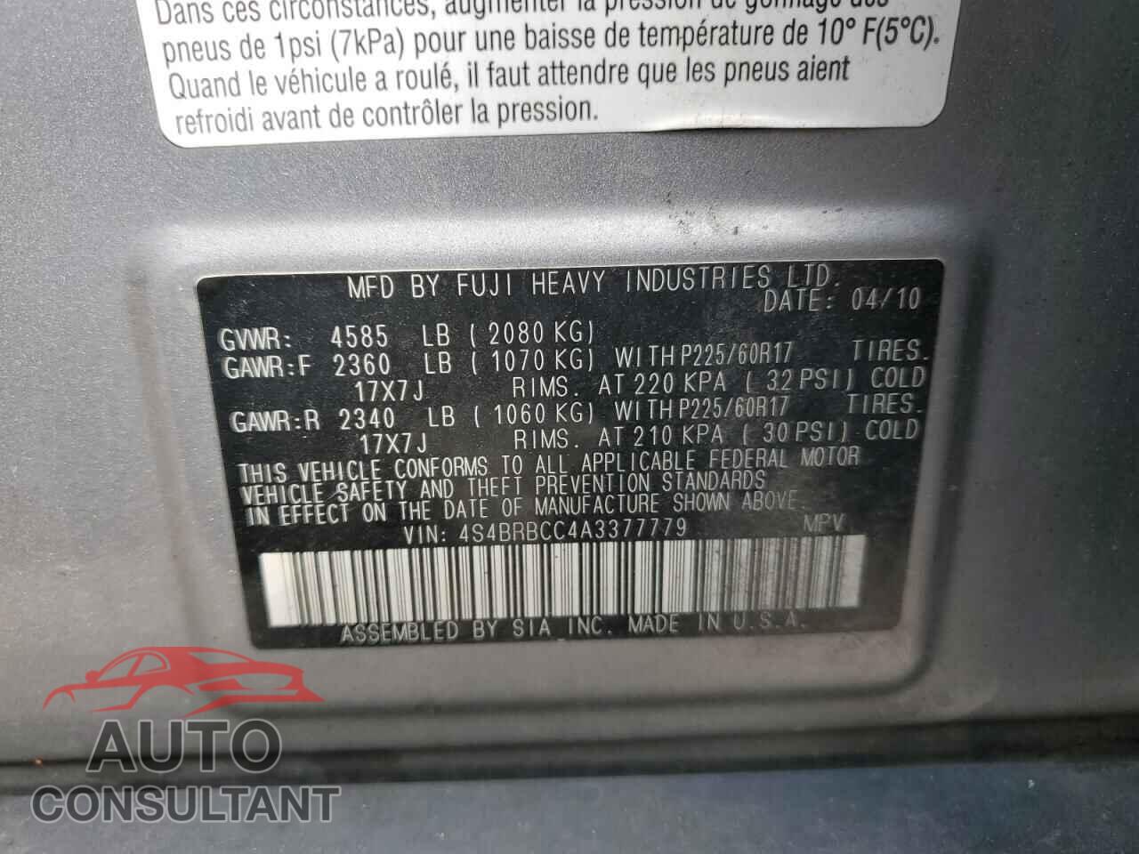 SUBARU OUTBACK 2010 - 4S4BRBCC4A3377779
