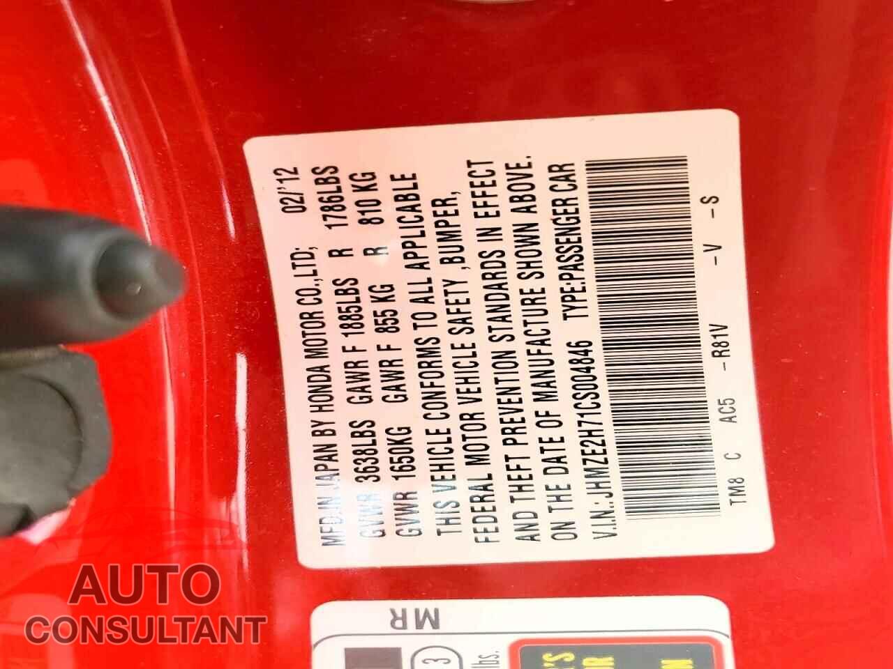 HONDA INSIGHT 2012 - JHMZE2H71CS004846
