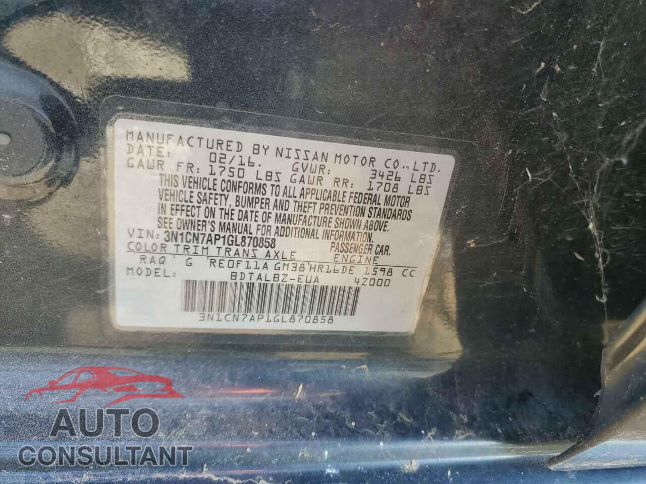 NISSAN VERSA 2016 - 3N1CN7AP1GL870858