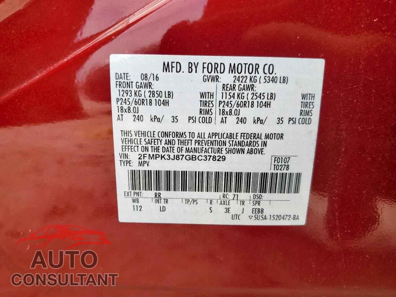 FORD EDGE 2016 - 2FMPK3J87GBC37829