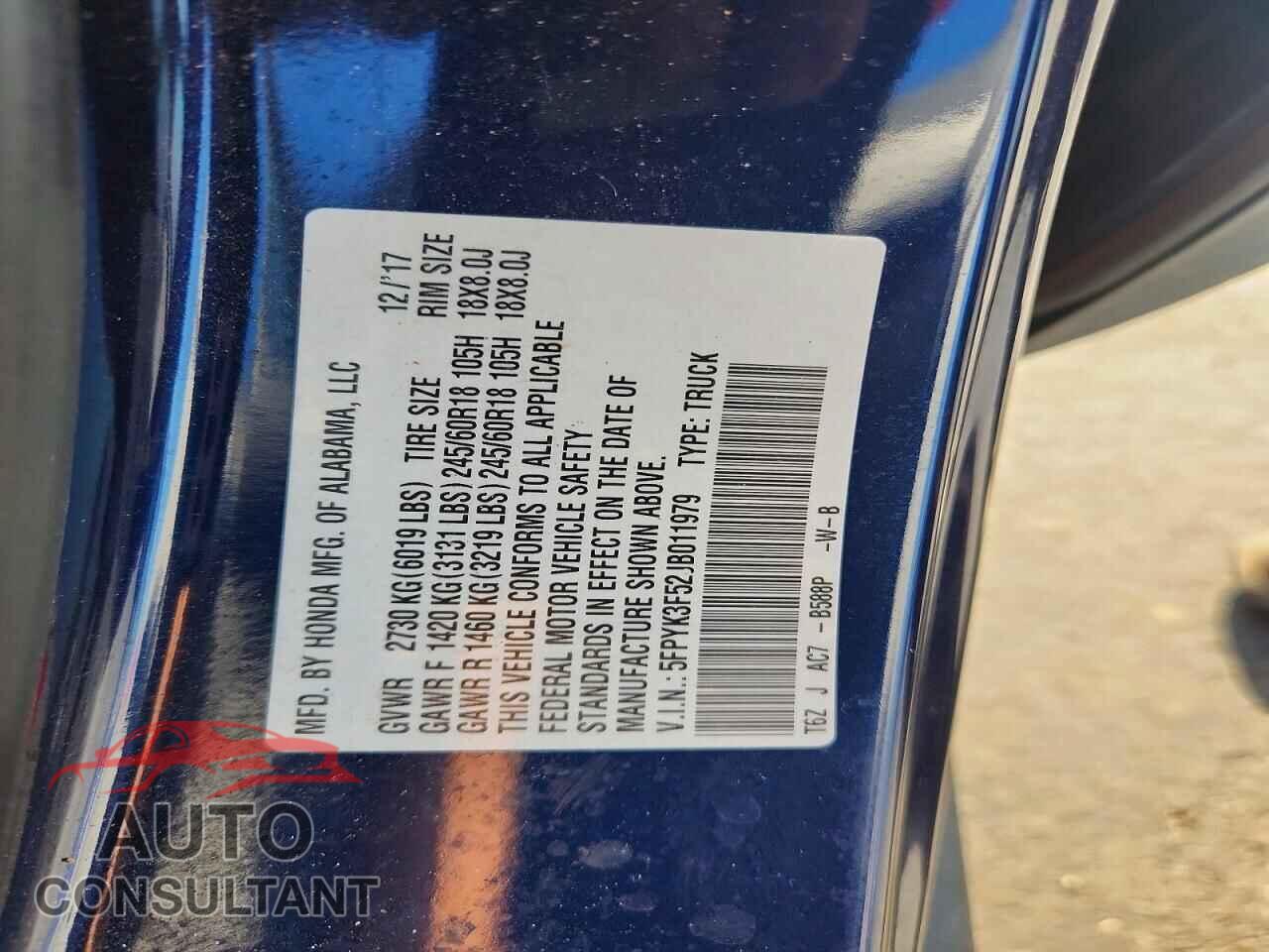 HONDA RIDGELINE 2018 - 5FPYK3F52JB011979