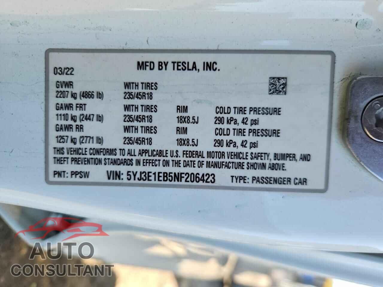 TESLA MODEL 3 2022 - 5YJ3E1EB5NF206423