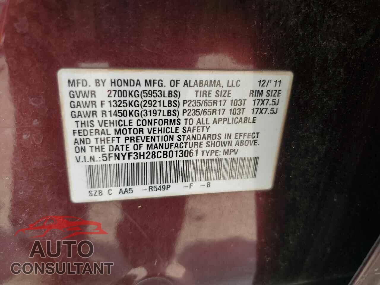 HONDA PILOT 2012 - 5FNYF3H28CB013061