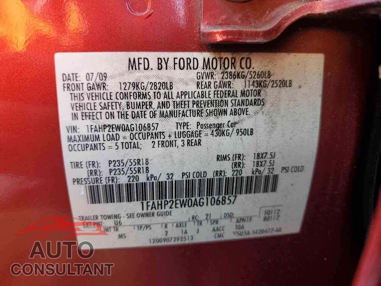 FORD TAURUS 2010 - 1FAHP2EW0AG106857