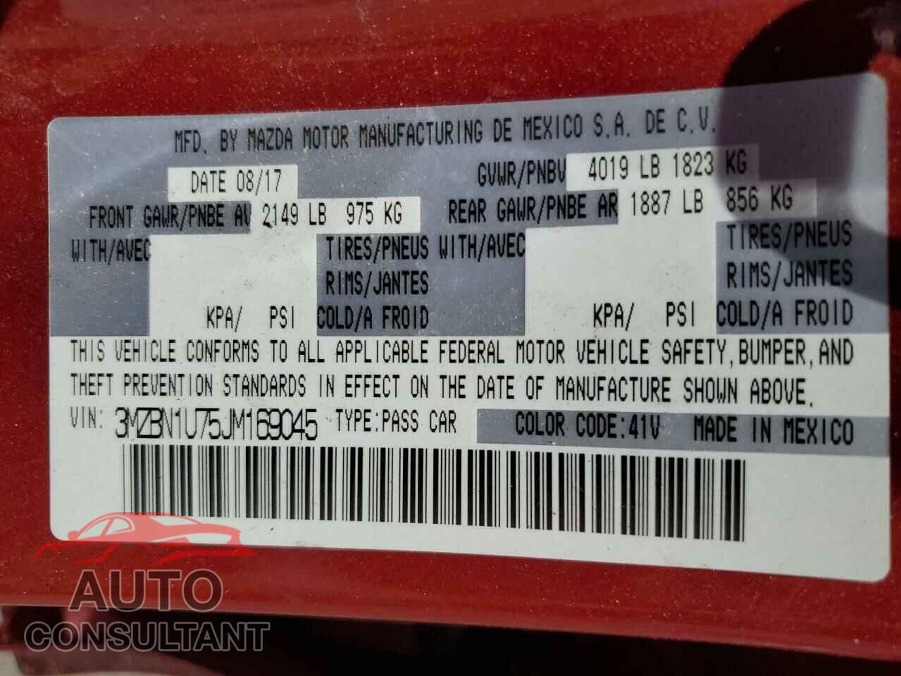 MAZDA 3 2018 - 3MZBN1U75JM169045