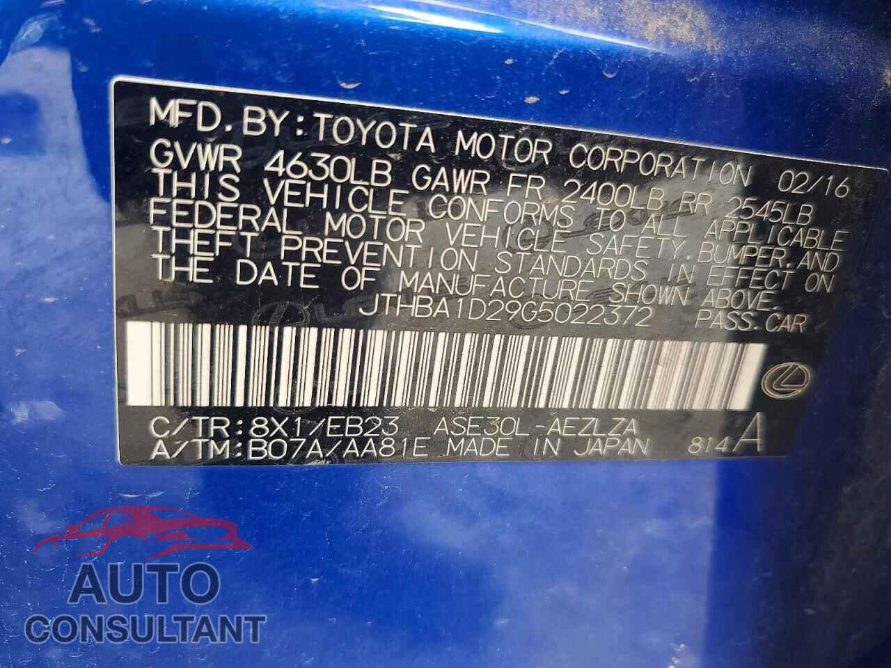 LEXUS IS 2016 - JTHBA1D29G5022372