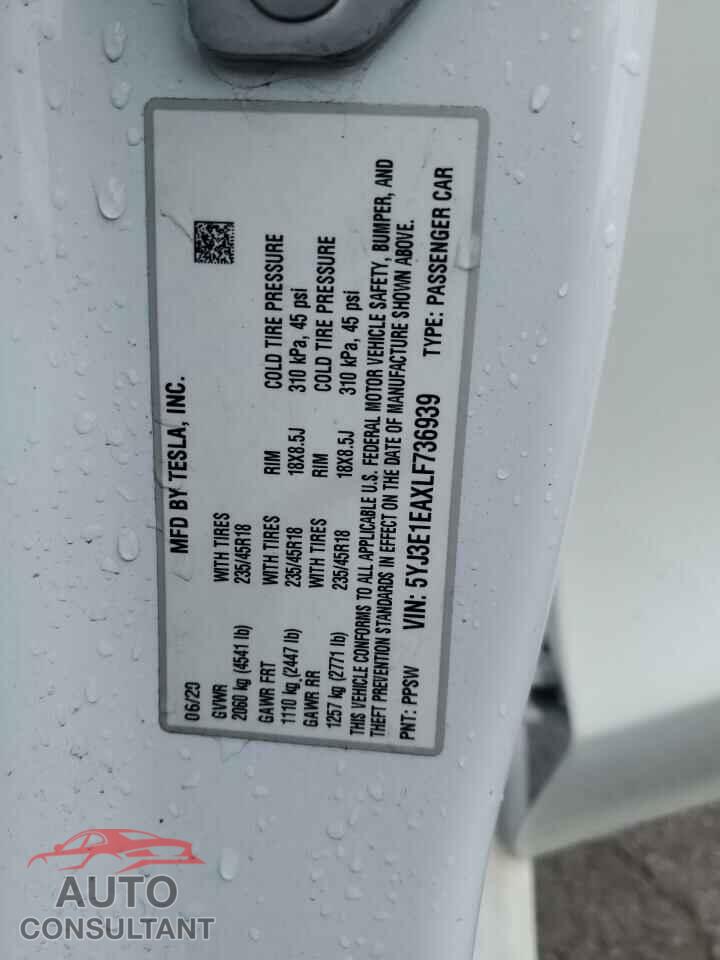 TESLA MODEL 3 2020 - 5YJ3E1EAXLF736939