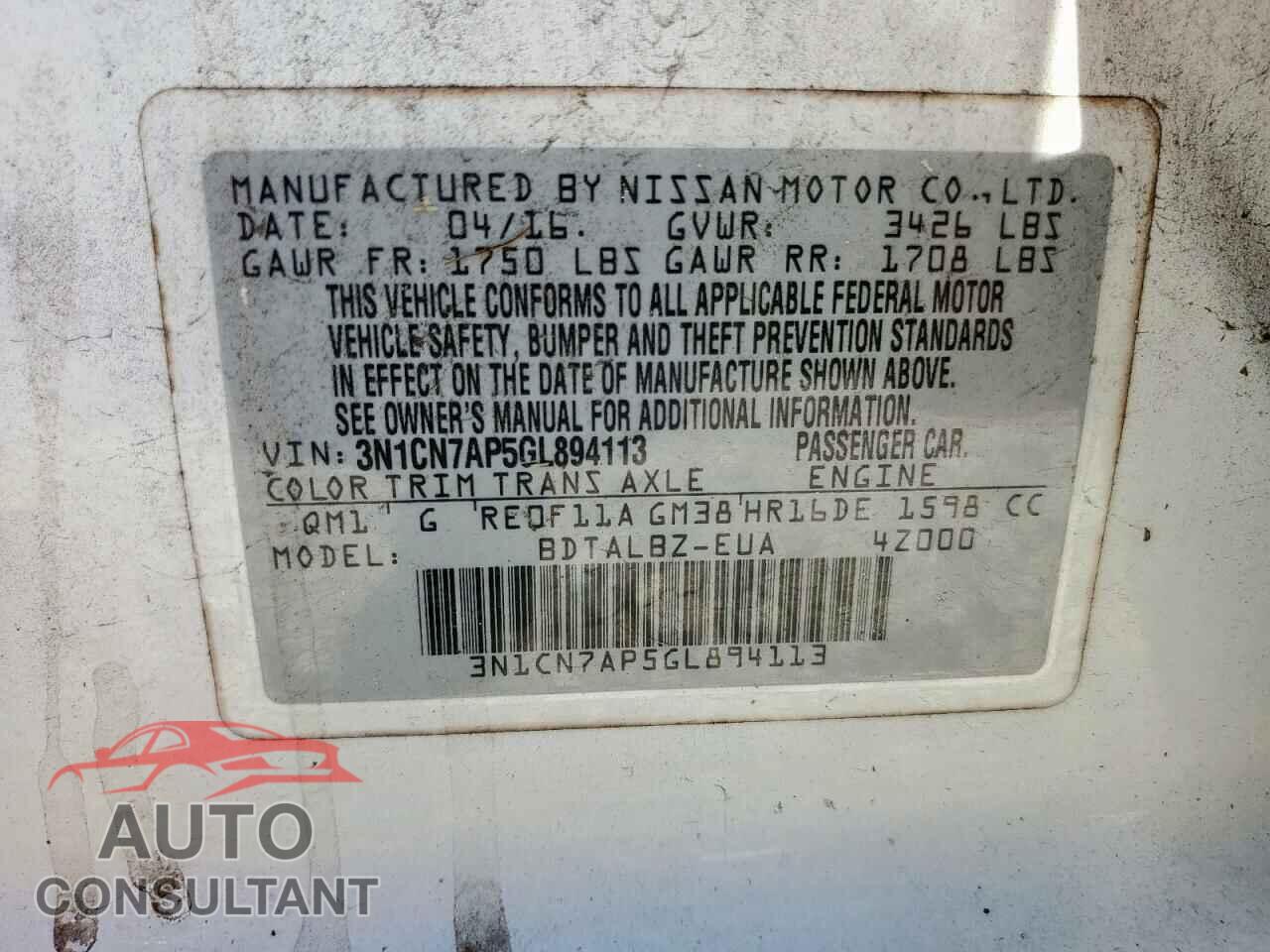NISSAN VERSA 2016 - 3N1CN7AP5GL894113