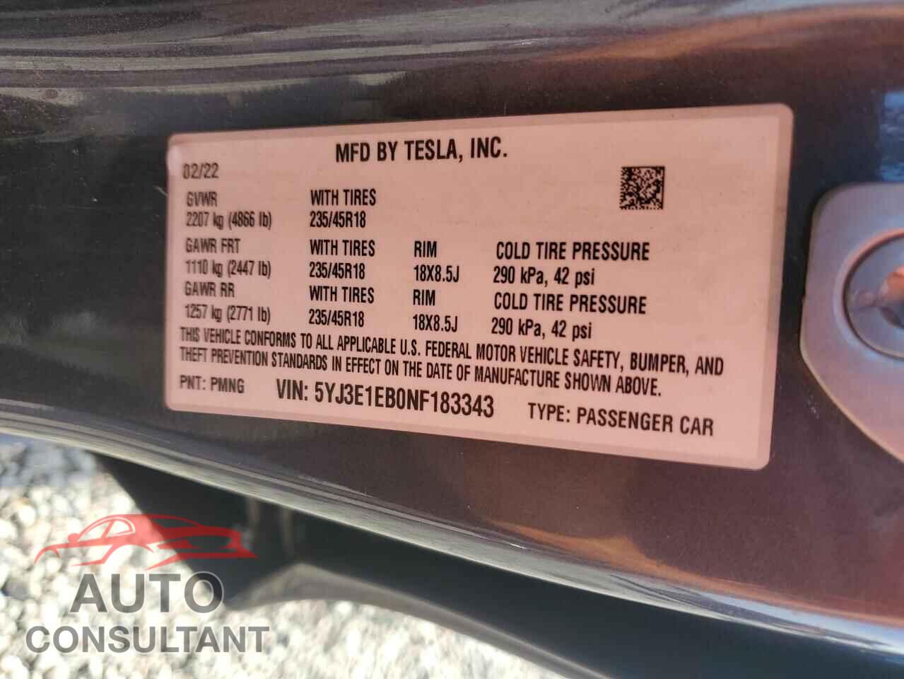 TESLA MODEL 3 2022 - 5YJ3E1EB0NF183343