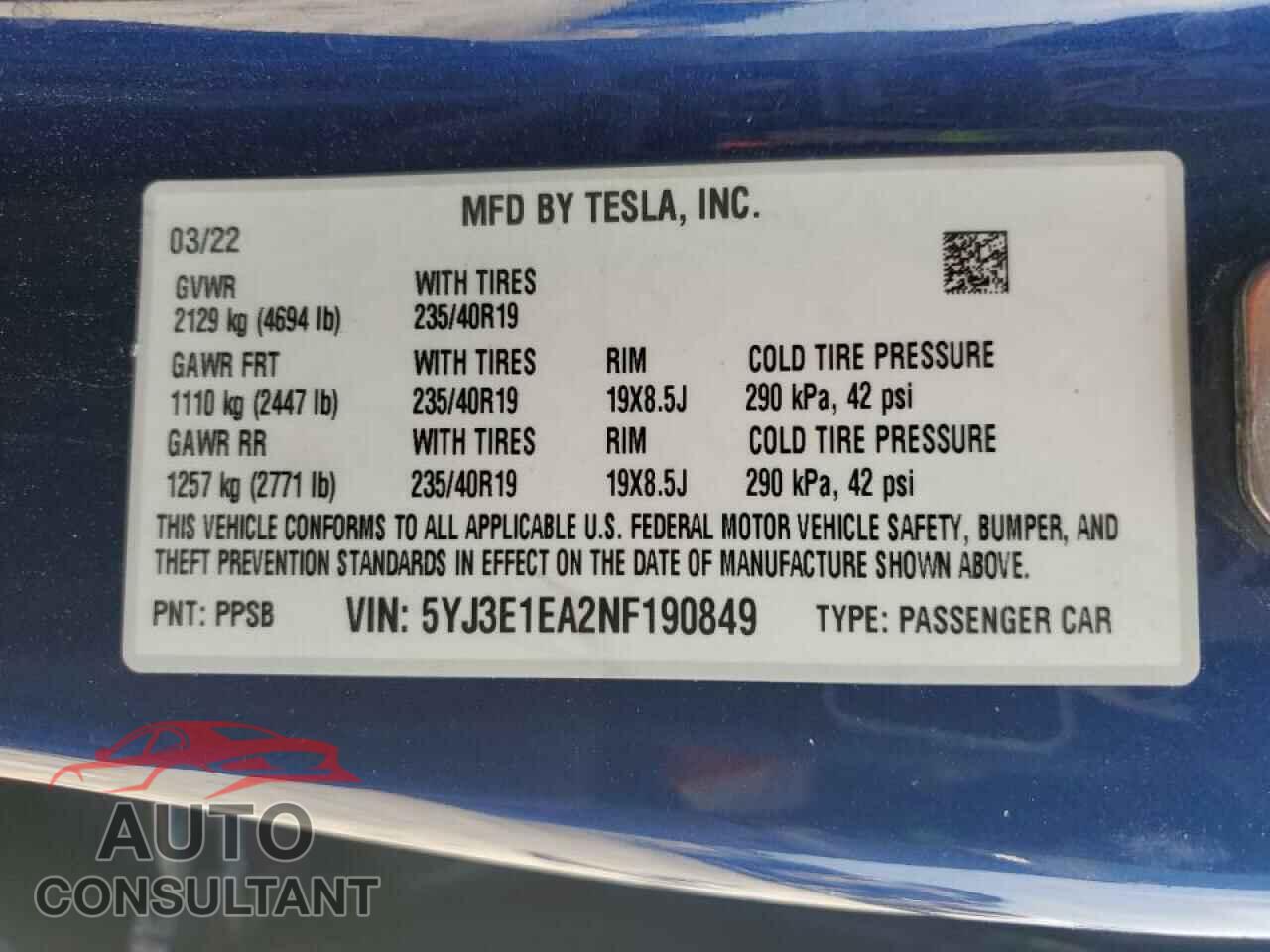 TESLA MODEL 3 2022 - 5YJ3E1EA2NF190849