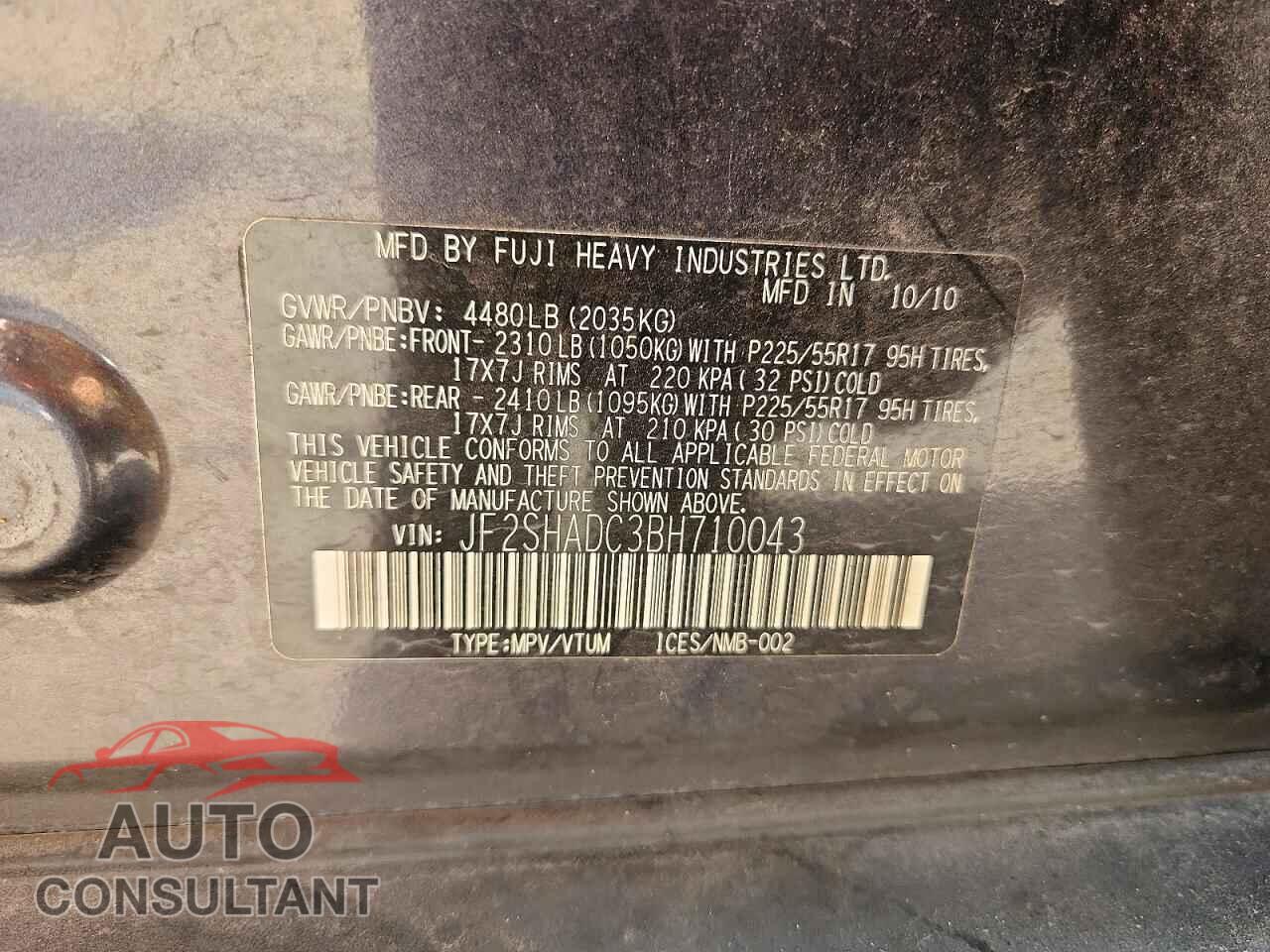 SUBARU FORESTER 2011 - JF2SHADC3BH710043