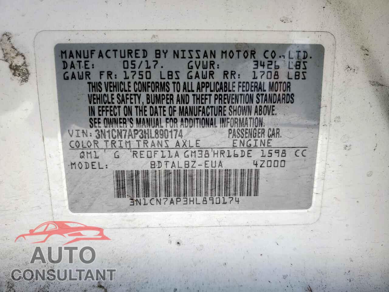 NISSAN VERSA 2017 - 3N1CN7AP3HL890174