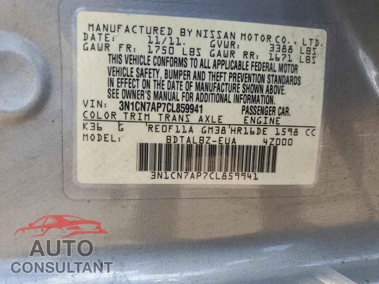 NISSAN VERSA 2012 - 3N1CN7AP7CL859941