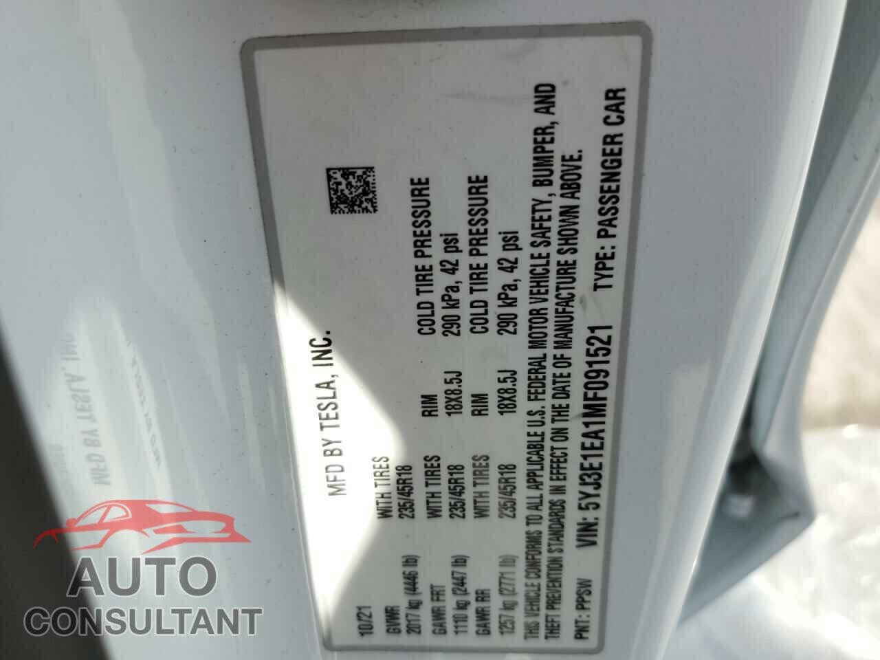 TESLA MODEL 3 2021 - 5YJ3E1EA1MF091521