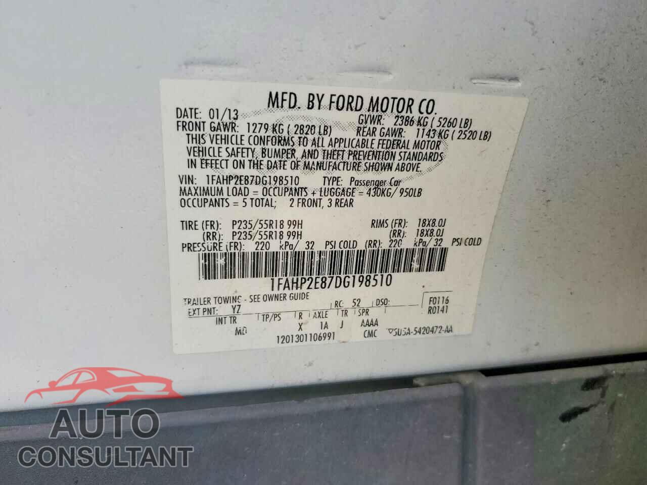 FORD TAURUS 2013 - 1FAHP2E87DG198510