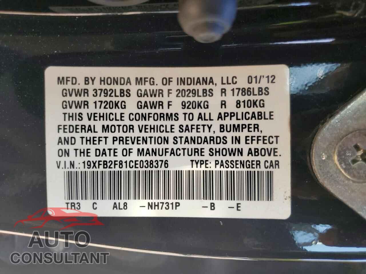 HONDA CIVIC 2012 - 19XFB2F81CE038376