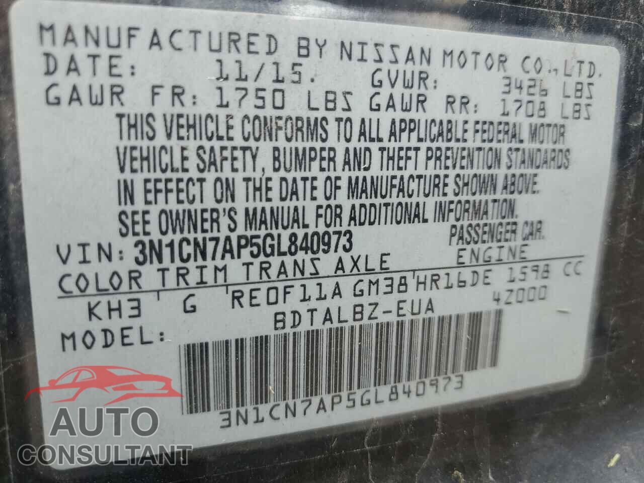 NISSAN VERSA 2016 - 3N1CN7AP5GL840973