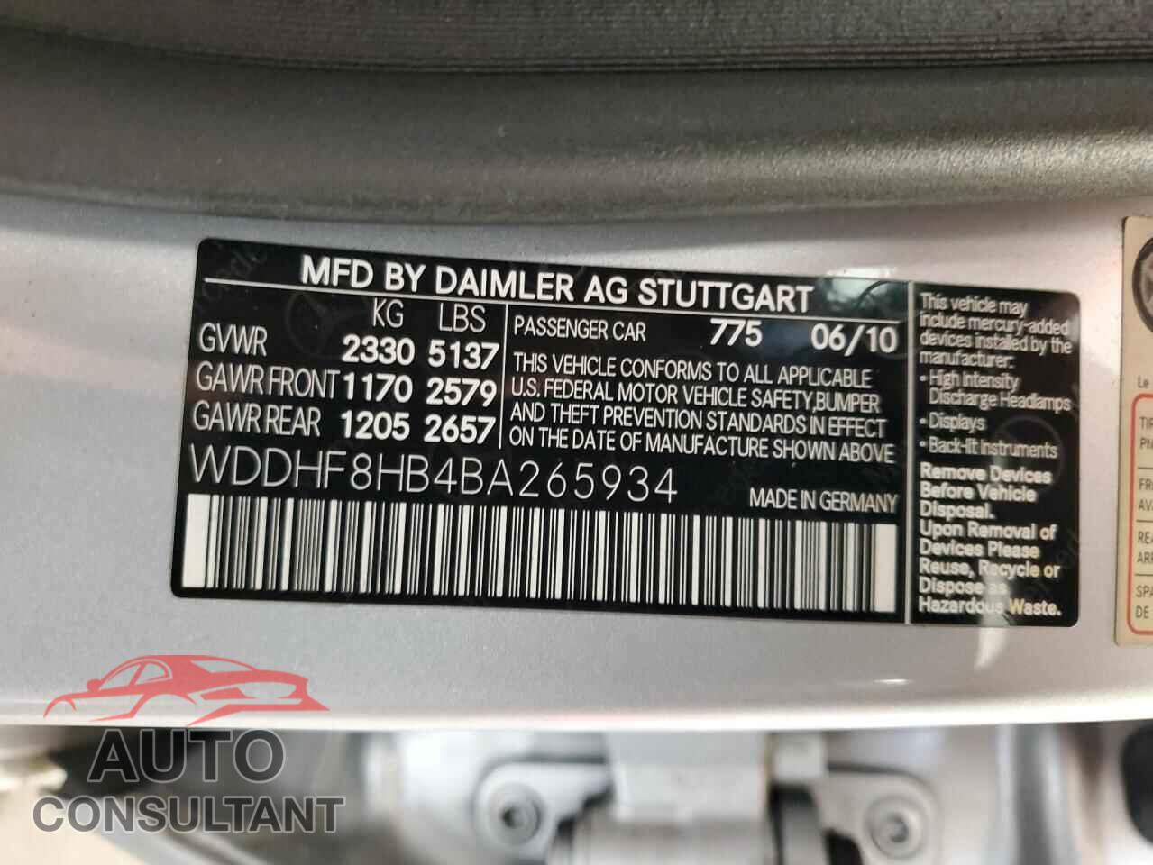 MERCEDES-BENZ E-CLASS 2011 - WDDHF8HB4BA265934