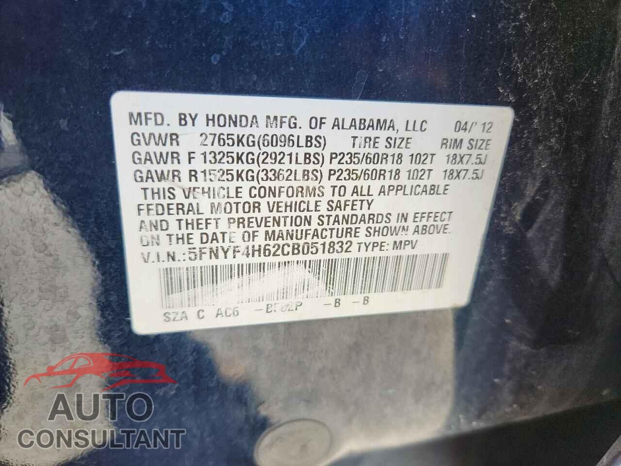 HONDA PILOT 2012 - 5FNYF4H62CB051832