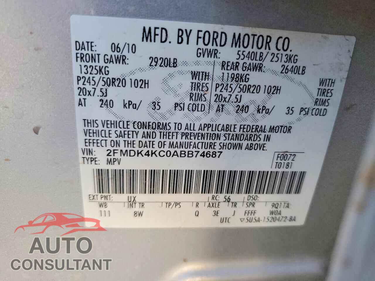 FORD EDGE 2010 - 2FMDK4KC0ABB74687