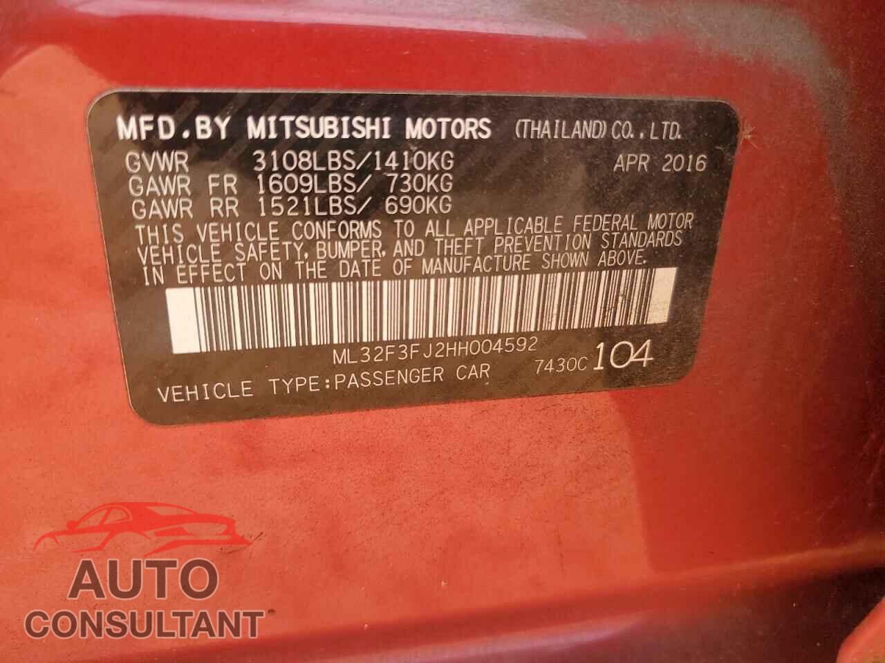 MITSUBISHI MIRAGE 2017 - ML32F3FJ2HH004592