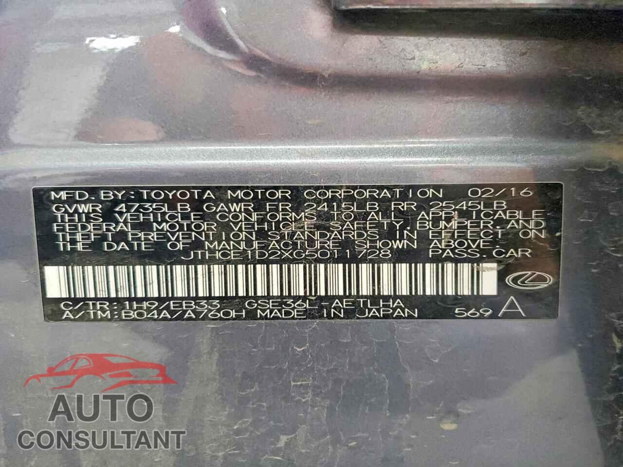 LEXUS IS 2016 - JTHCE1D2XG5011728