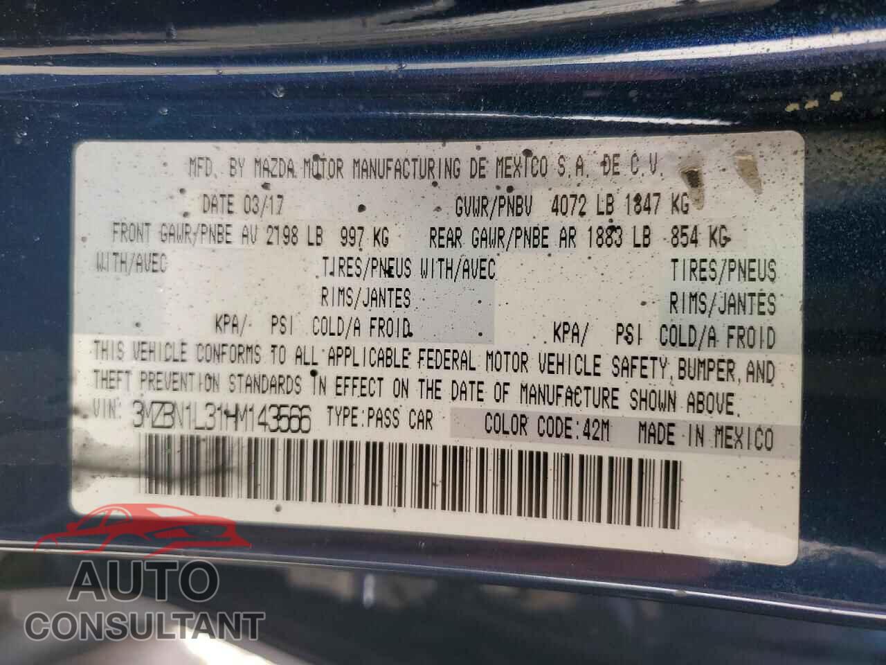 MAZDA 3 2017 - 3MZBN1L31HM143566