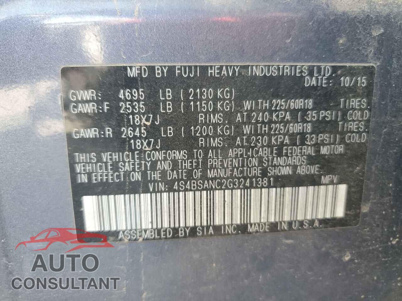 SUBARU OUTBACK 2016 - 4S4BSANC2G3241381