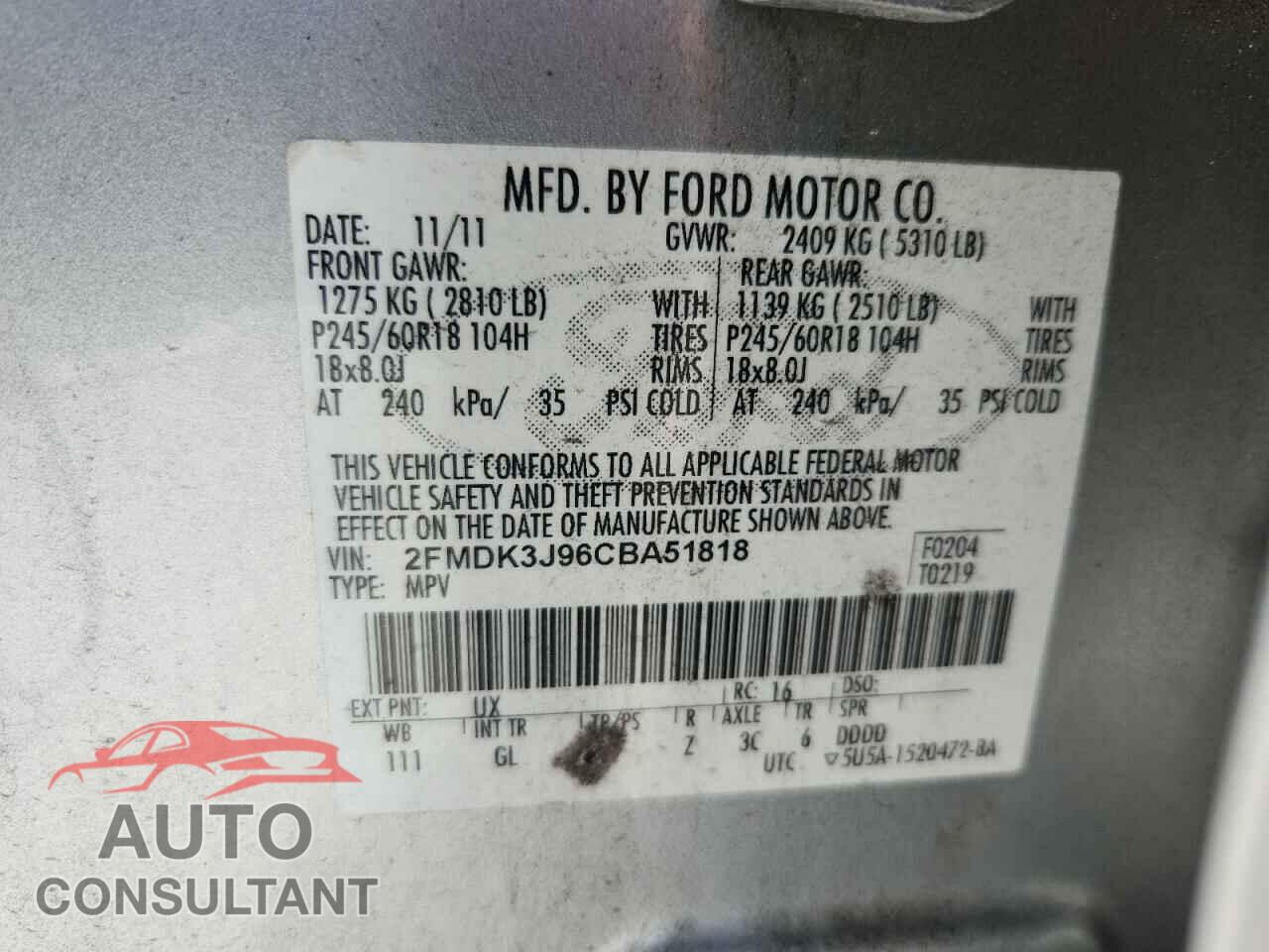 FORD EDGE 2012 - 2FMDK3J96CBA51818