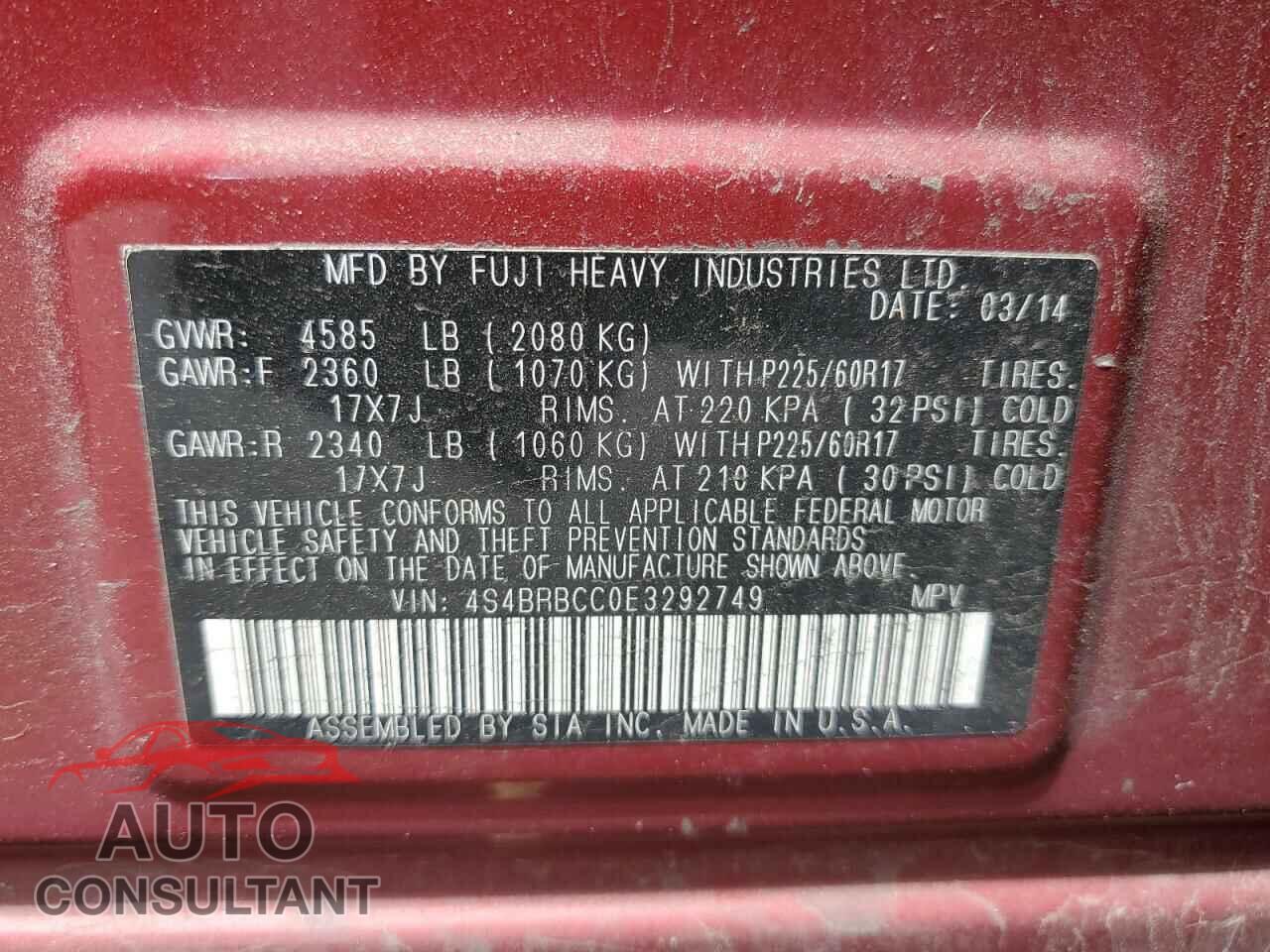 SUBARU OUTBACK 2014 - 4S4BRBCC0E3292749