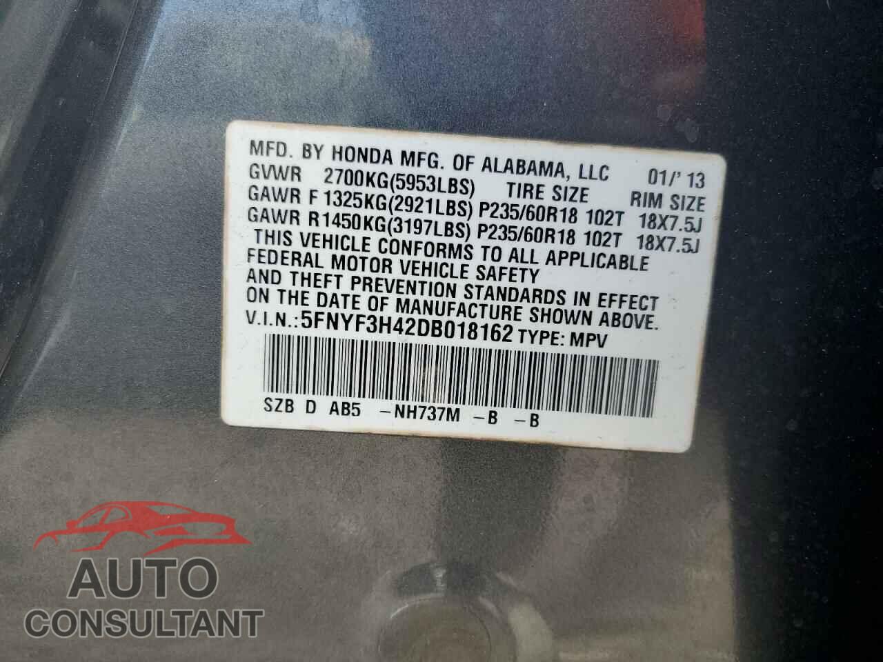HONDA PILOT 2013 - 5FNYF3H42DB018162