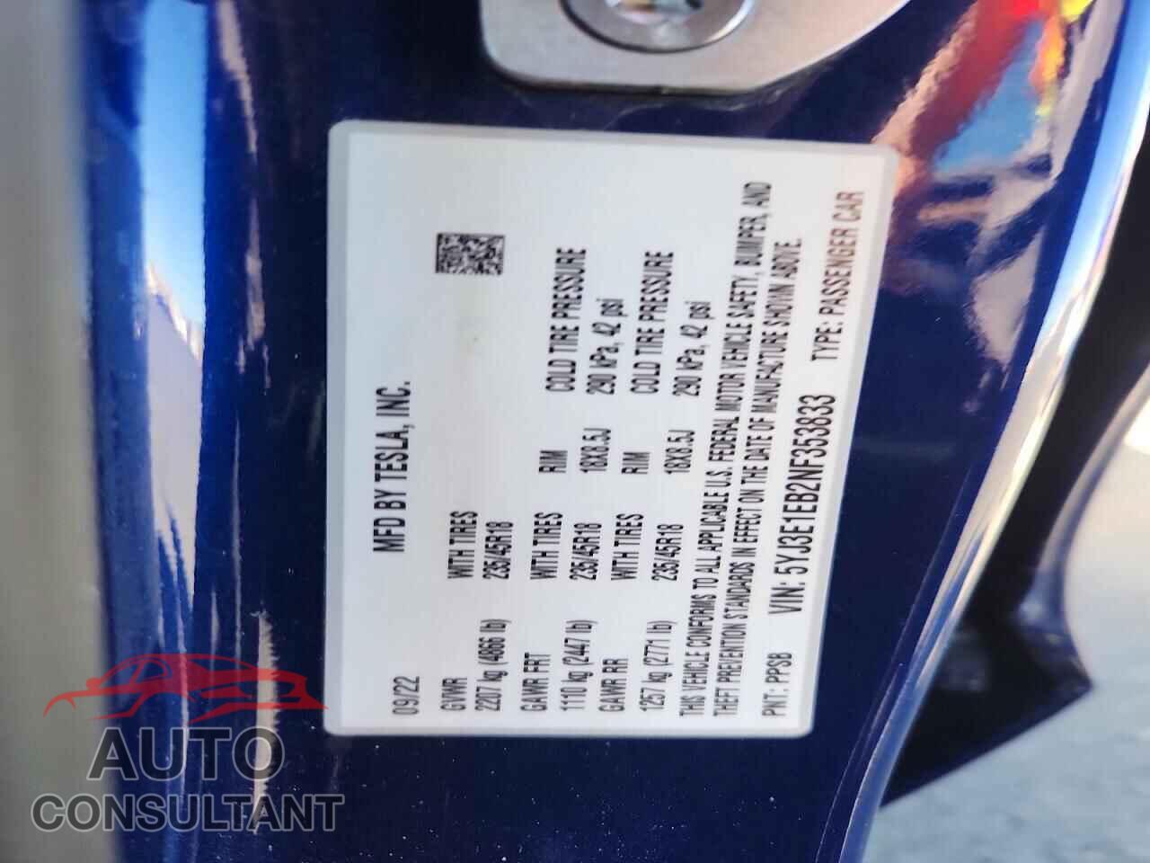 TESLA MODEL 3 2022 - 5YJ3E1EB2NF353833