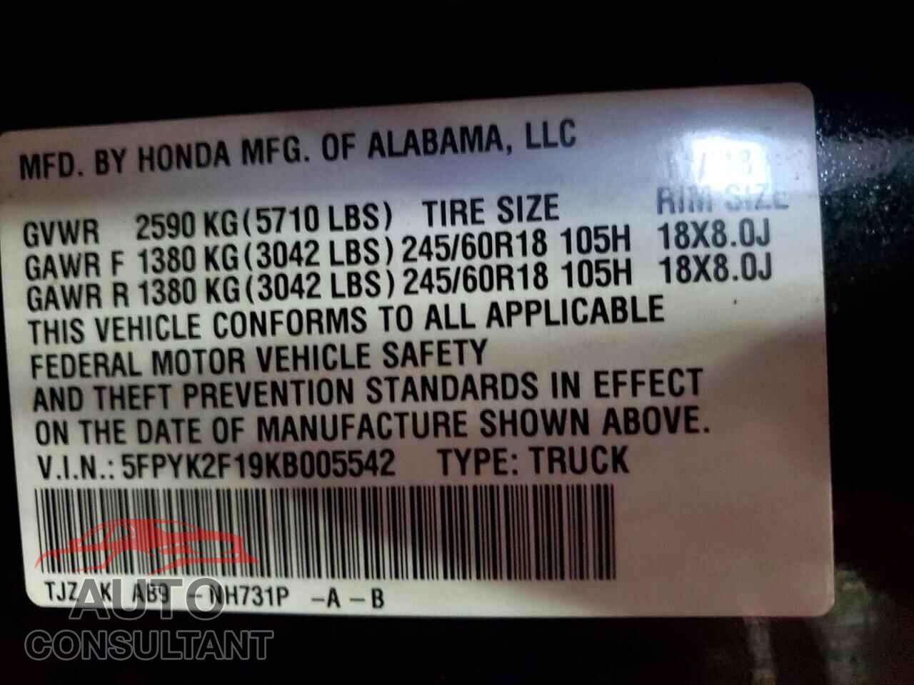 HONDA RIDGELINE 2019 - 5FPYK2F19KB005542