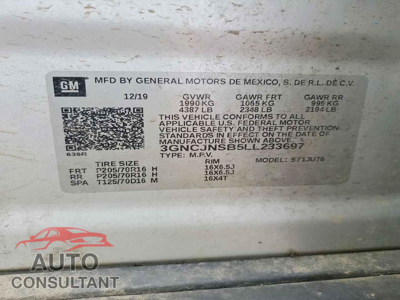 CHEVROLET TRAX 2020 - 3GNCJNSB5LL233697