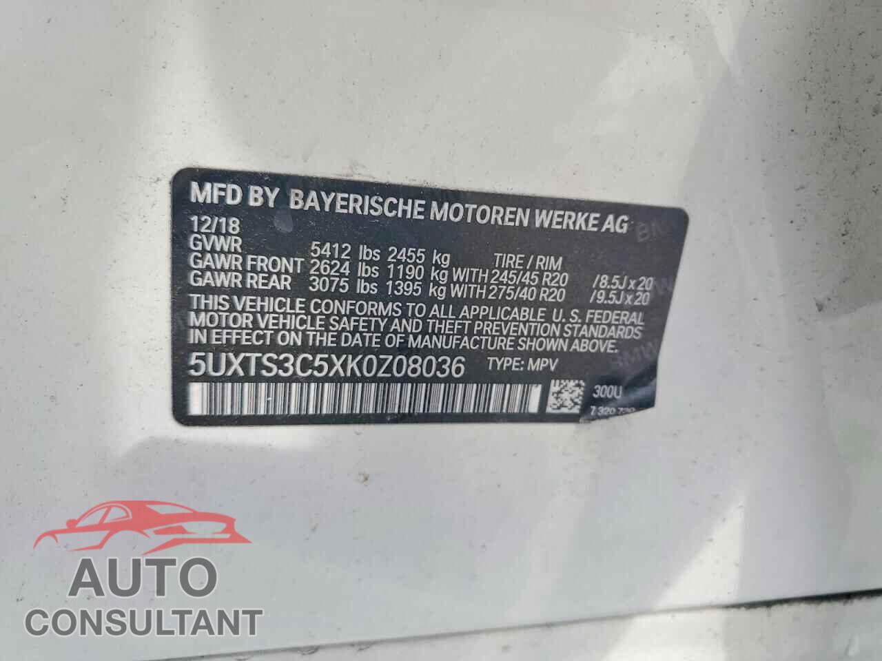 BMW X3 2019 - 5UXTS3C5XK0Z08036