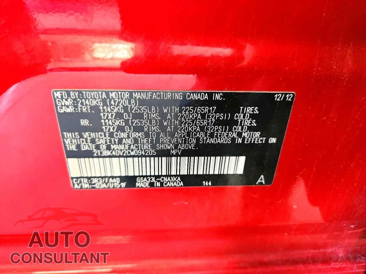 TOYOTA RAV4 2012 - 2T3BK4DV2CW094205