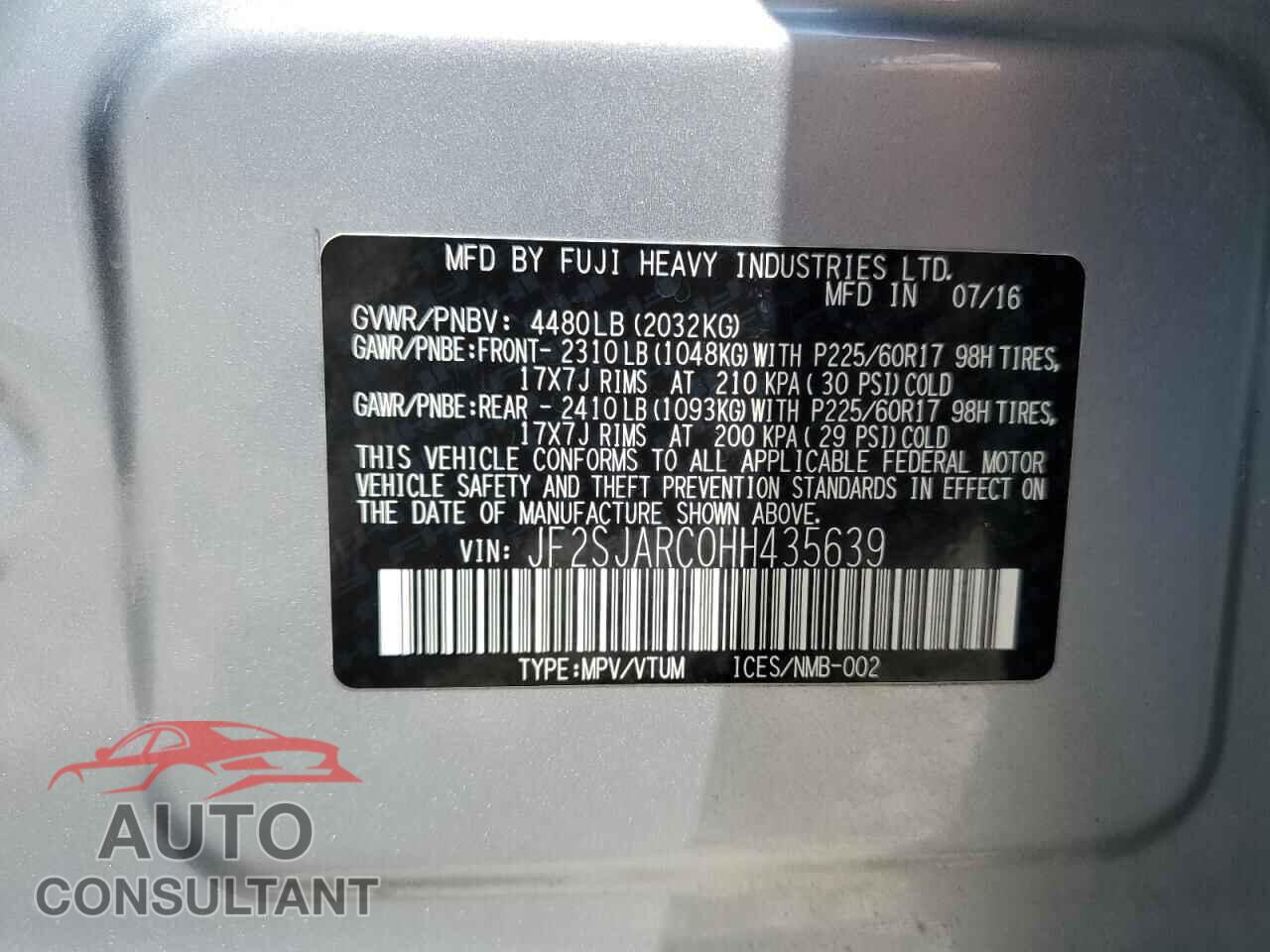 SUBARU FORESTER 2017 - JF2SJARC0HH435639