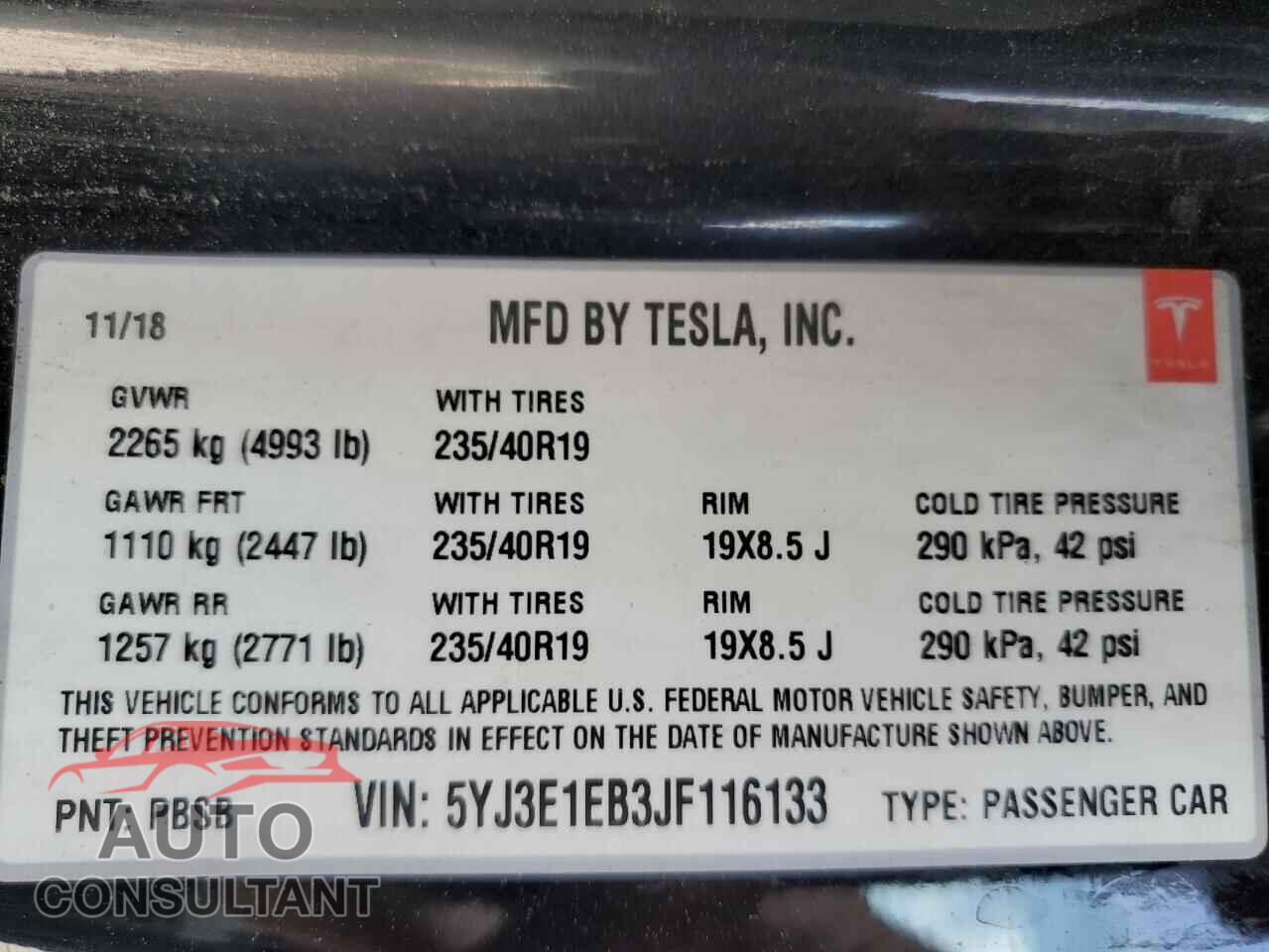 TESLA MODEL 3 2018 - 5YJ3E1EB3JF116133