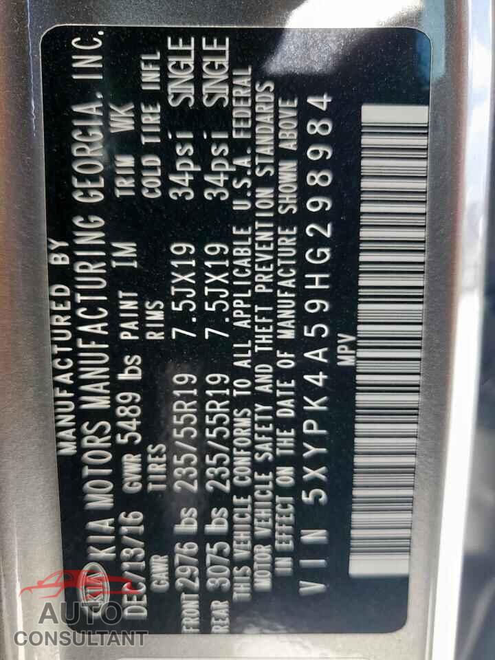 KIA SORENTO 2017 - 5XYPK4A59HG298984