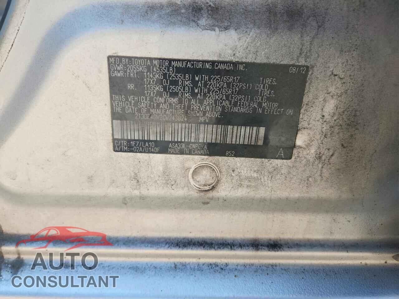 TOYOTA RAV4 2012 - 2T3DF4DV2CW243824