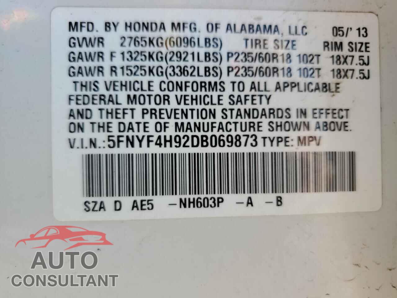 HONDA PILOT 2013 - 5FNYF4H92DB069873