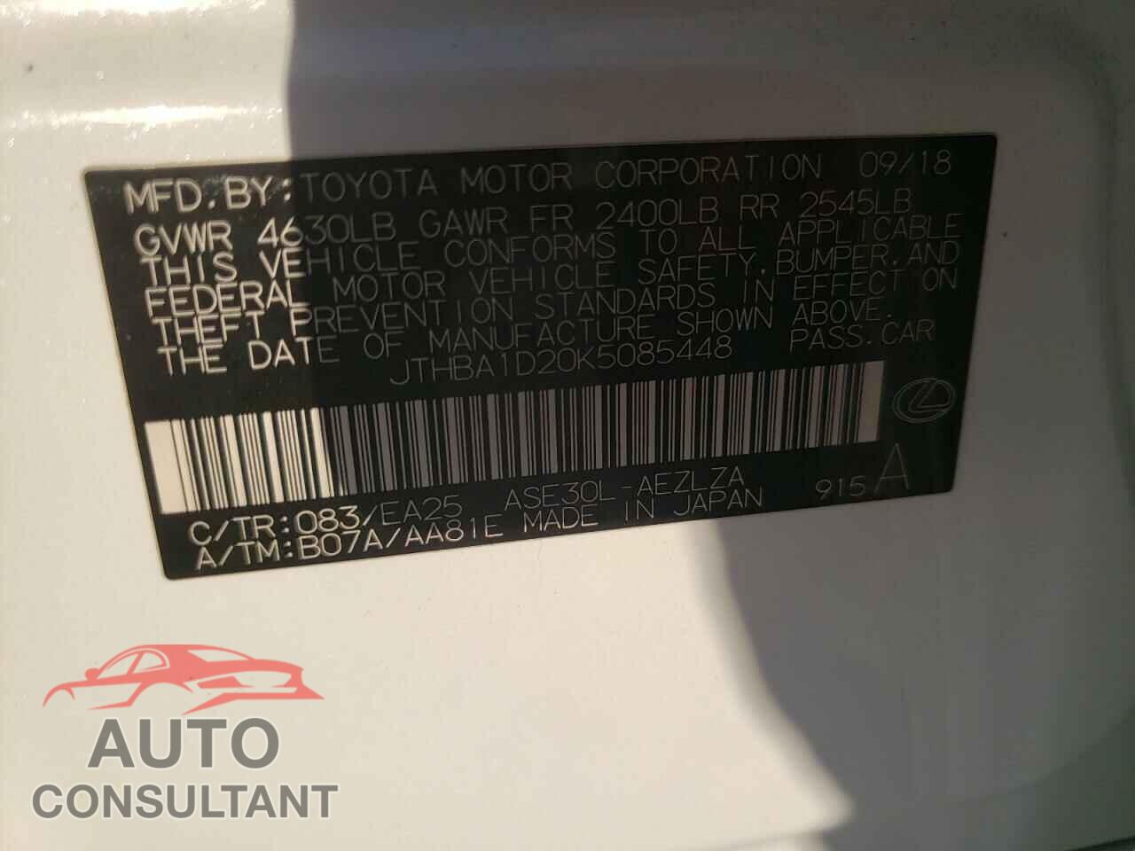 LEXUS IS 2019 - JTHBA1D20K5085448
