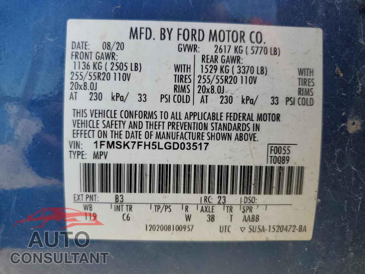 FORD EXPLORER 2020 - 1FMSK7FH5LGD03517