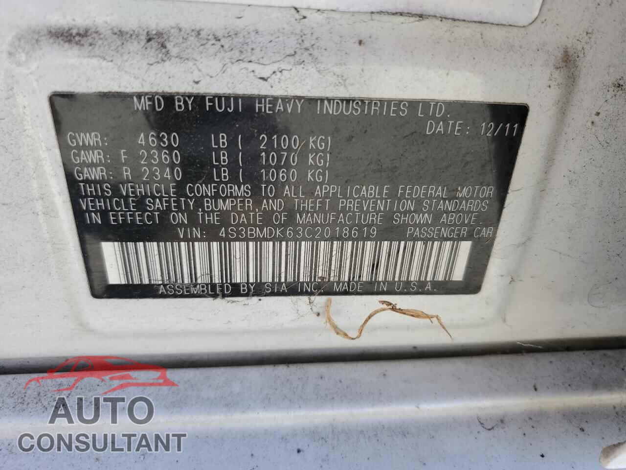 SUBARU LEGACY 2012 - 4S3BMDK63C2018619
