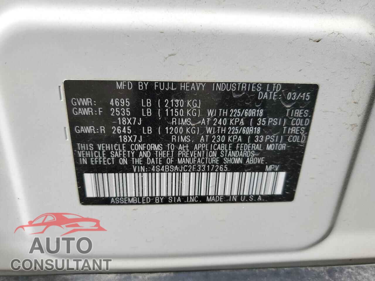 SUBARU OUTBACK 2015 - 4S4BSAJC2F3317265
